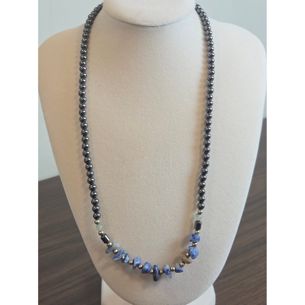 Hematite and Blue Sodalite Chip Bead Necklace with Barrel Clasp 18 Inch